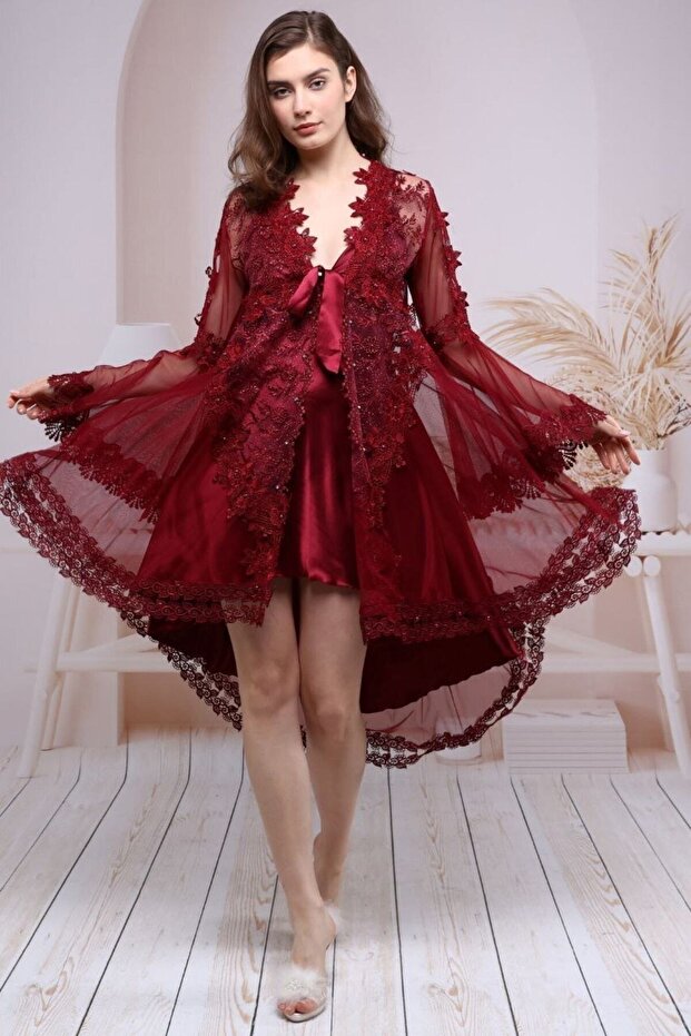 Dowry Laced Dressing Gown Set Short Model