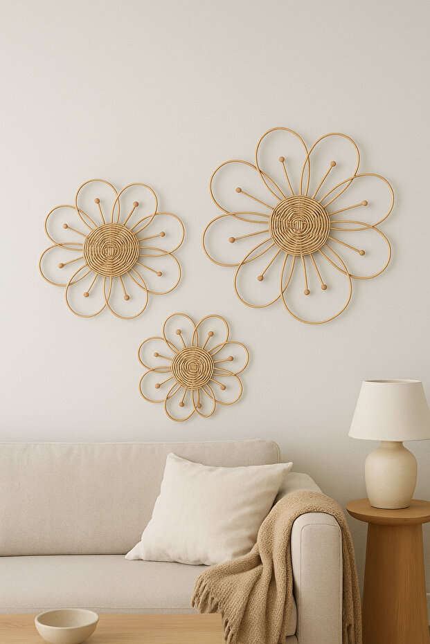Rattan çiçek duvar dekoru 3’lü set - duvar tabağı - bohem duvar süsü - 1
