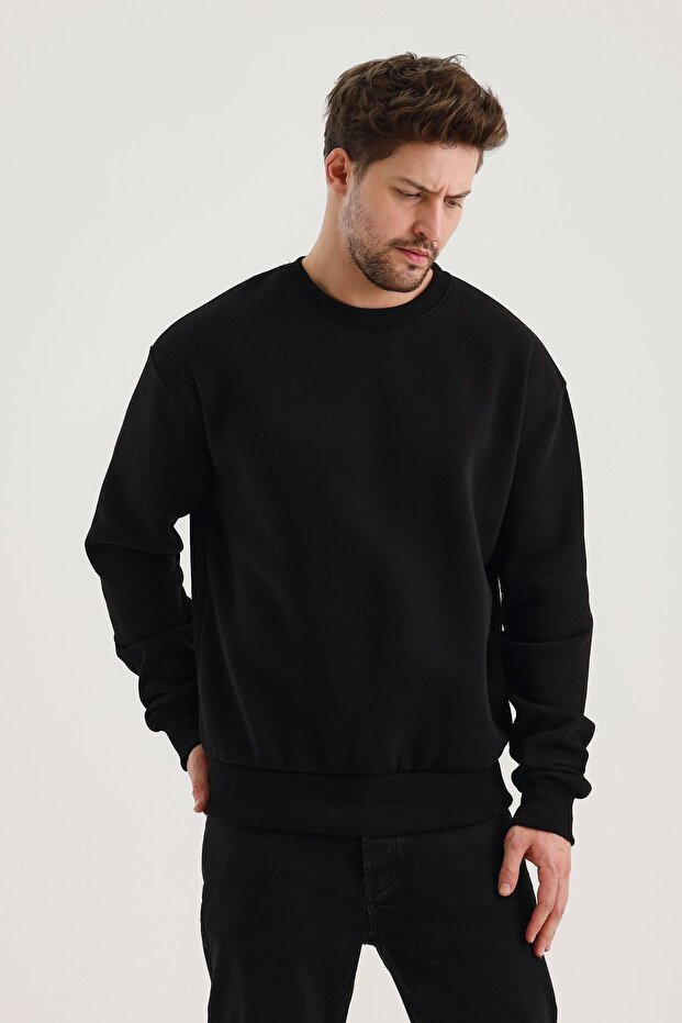 Siyah Bisiklet Yaka Oversize Şardonlu Basic Erkek Sweatshirt - 5