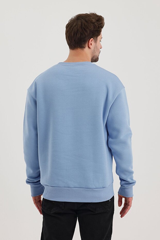 Açık Mavi Bisiklet Yaka Oversize Şardonlu Basic Erkek Sweatshirt - 7