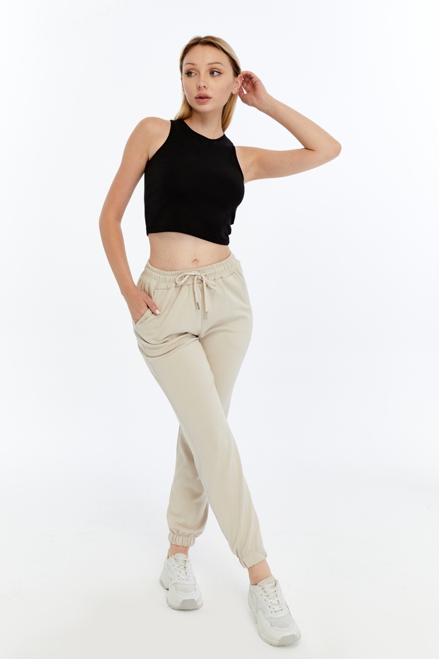Kadın Krem Modal Kumaş Lastikli Paça Tek Alt Jogger Pantolon - 1