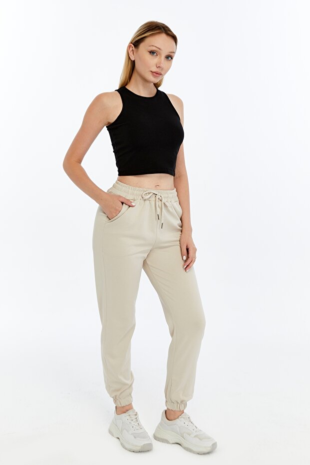 Kadın Krem Modal Kumaş Lastikli Paça Tek Alt Jogger Pantolon - 3