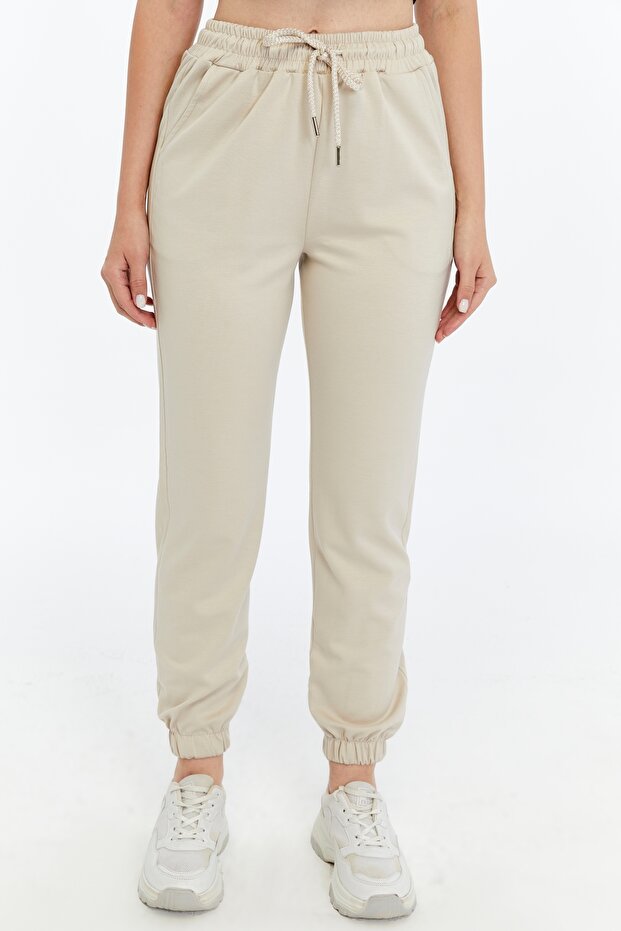 Kadın Krem Modal Kumaş Lastikli Paça Tek Alt Jogger Pantolon - 7