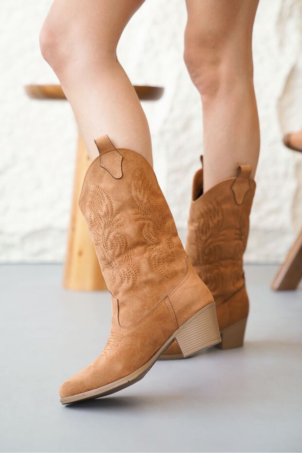 Kadın Meloni Kovboy Çizme - Taba Süet - 1