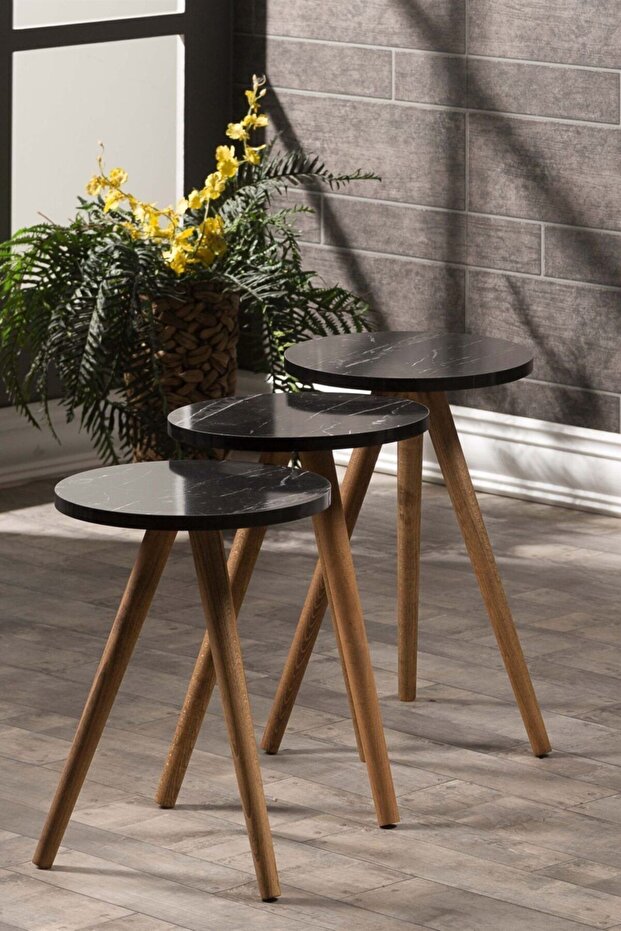 Zigon Sehpa 3 Lü Ahşap  Torna Ayak BENDİR - 2