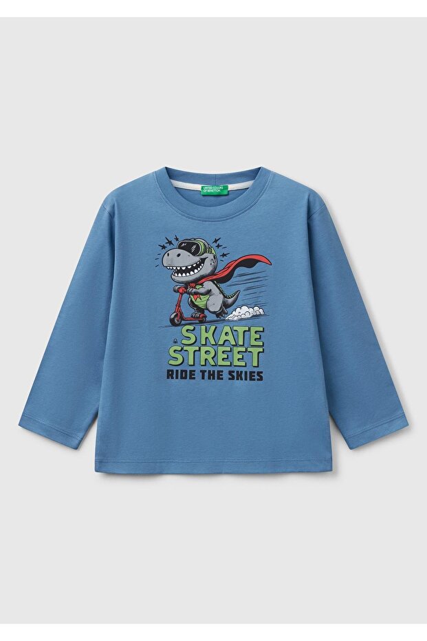 Boy's Aviator Blue Front Printed Crew Neck Long Sleeve T-Shirt