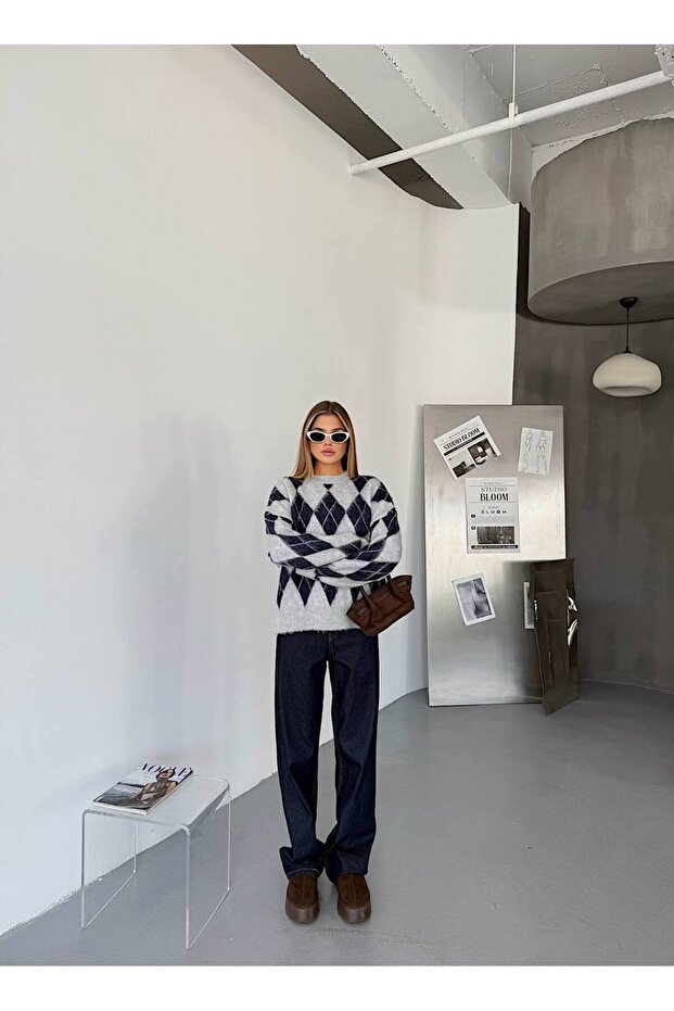 Baklava Desenli Oversize Kadın Kazak - 5