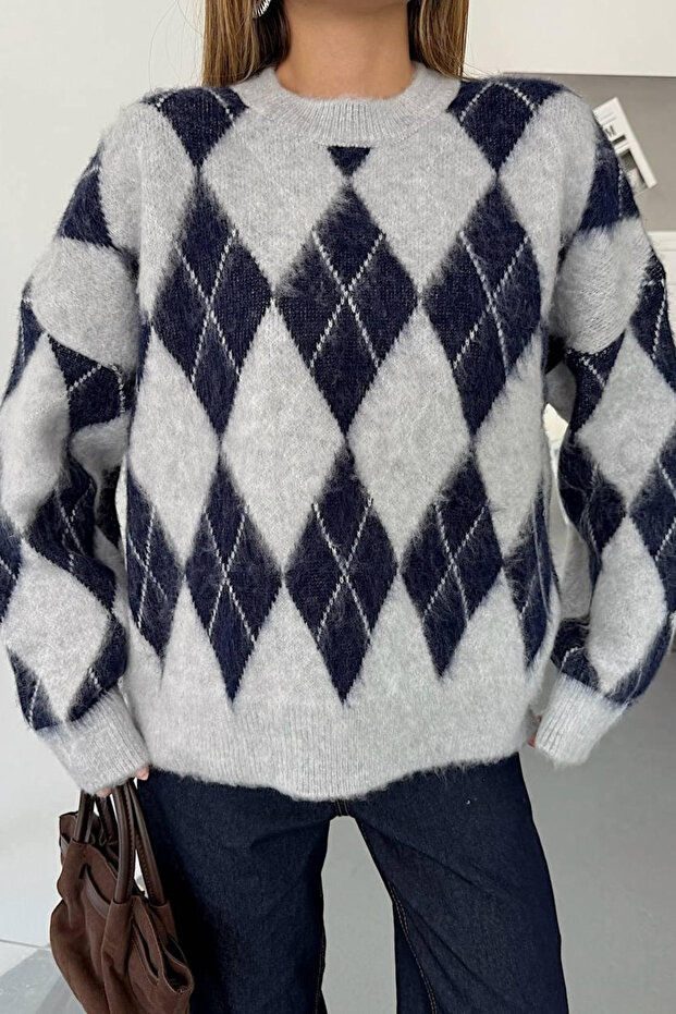 Baklava Desenli Oversize Kadın Kazak - 3