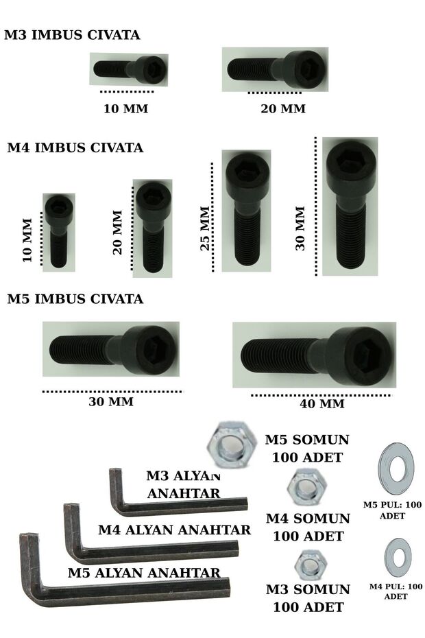 708 parça (M3,M4,M5) Imbus Cıvata, Somun, Pul, Alyan Seti - 3 adet Alyan Anahtar - 3