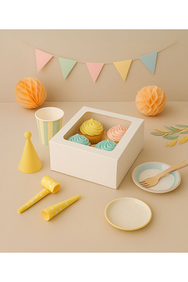 Cupcake Hediye Kutusu - Hediye Paketi - Asetat Şeffaf Pencereli Cupcake Kutusu - 1 Adet - 3
