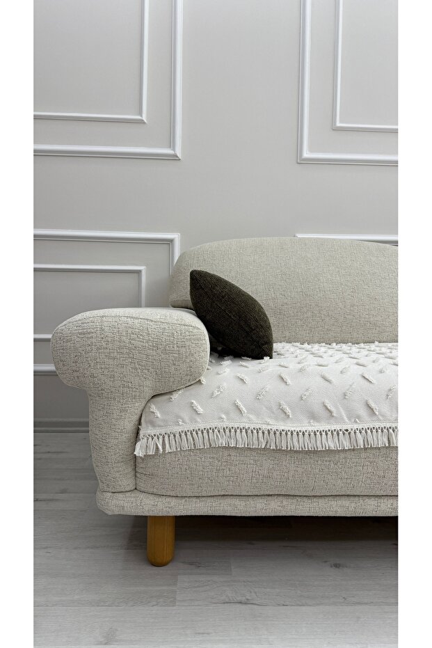 Bohemian Tasseled Striped Seat Cover Ecru 90 X 200