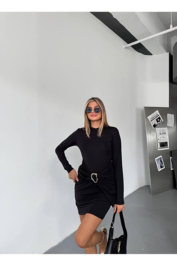 Dalgıç Kumaş Aksesuarlı Mini Elbise - 5