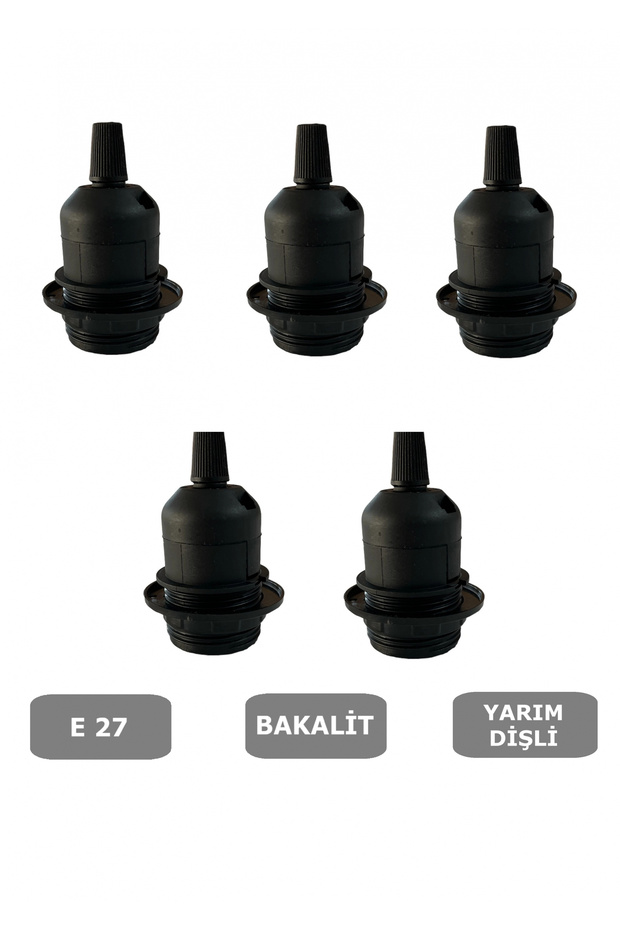 E27 Duy Geçmeli Yarım Diş Avize, Abajur, Lambader Duyu Halkalı - Bakalit Siyah (250V-4A) 5 Adet - 1