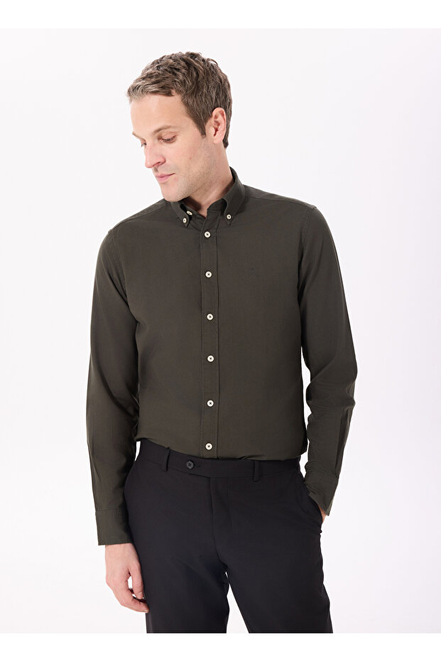 Slim Fit Gömlek Yaka Koyu Kahve Erkek Gömlek HM3010028 - 3