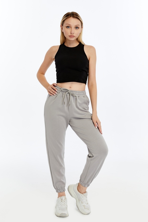 Kadın Gri Modal Kumaş Lastikli Paça Tek Alt Jogger Pantolon - 4