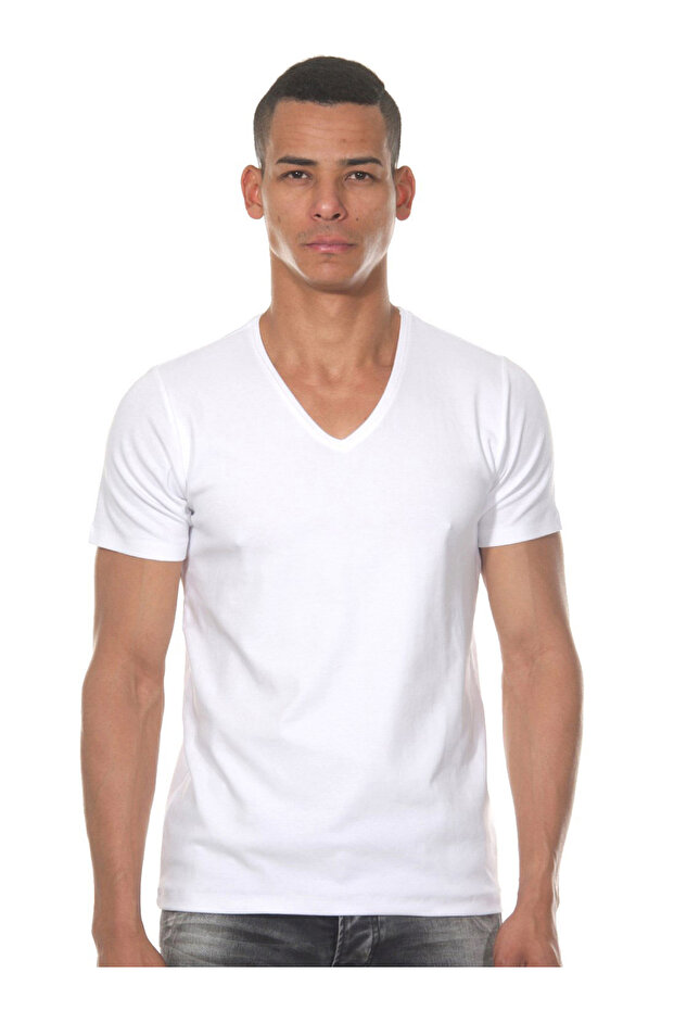 V Neck Plain White Men's T-Shirt Dzn8612