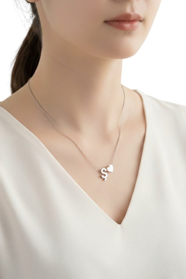 Steel Chain Letter Sh Necklace, Heart Detailed Silver Color Letter Necklace