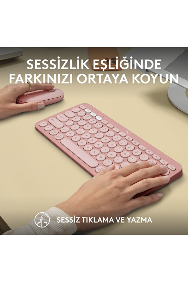 Pebble 2 Set Çoklu Cihaz Özellikli Sessiz Kablosuz Türkçe Q Klavye ve Mouse Seti - Pembe - 9