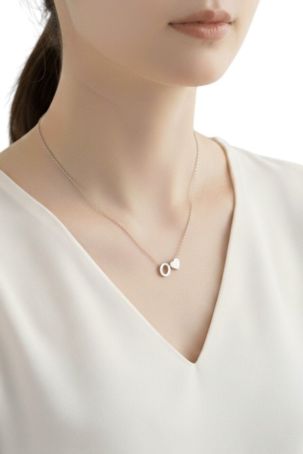 O Letter Necklace with Steel Chain, Silver Color Letter Necklace with Heart Detail, Gift for Lover, Couple, Friend, Necklace