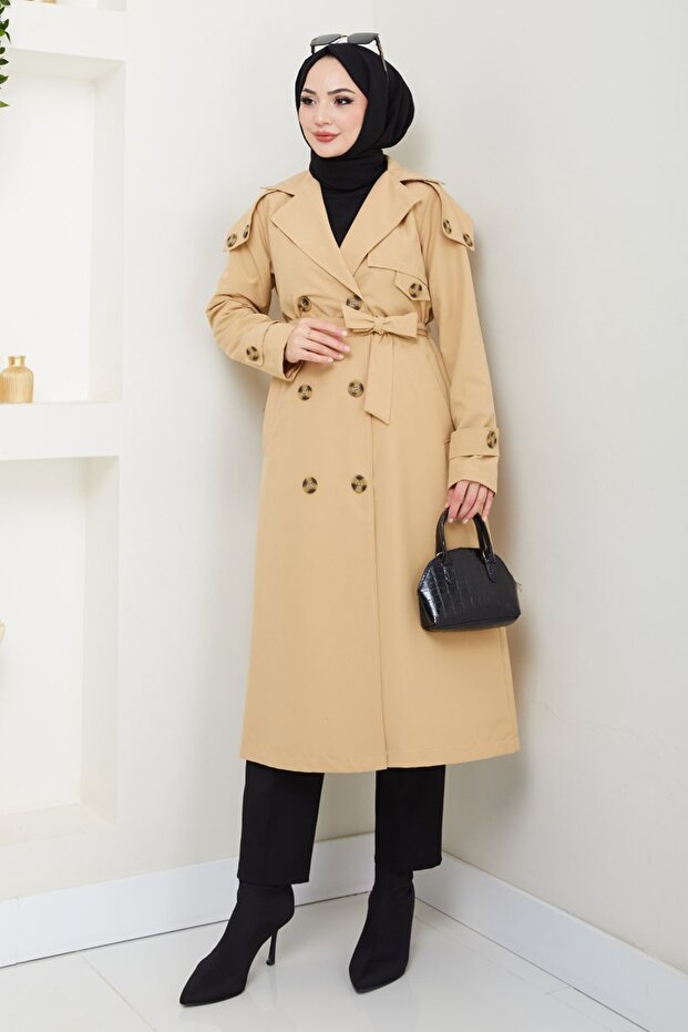Omuzları Apolet Detaylı Astarlı Camel Trençkot - 1