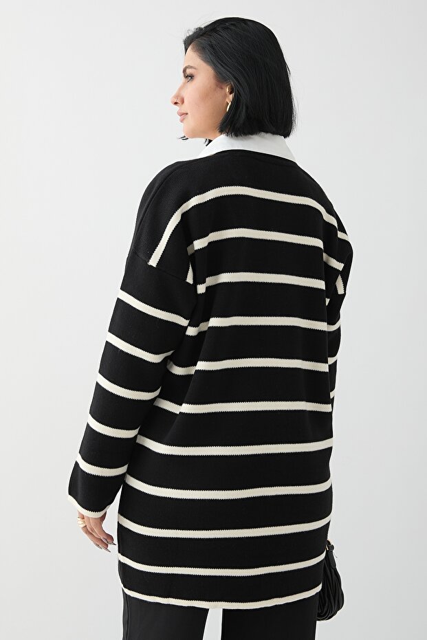Salaş Şeritli Siyah Triko Hırka - 3