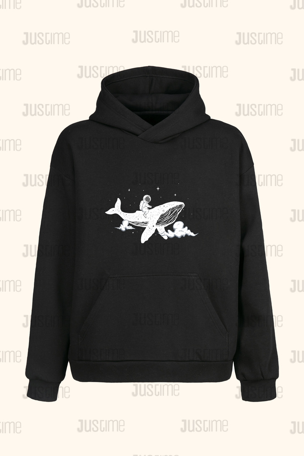 Design Fish Astronaut Unisex Black Pocket Hooded Sweatshirt - 2 Thread - Hoodie