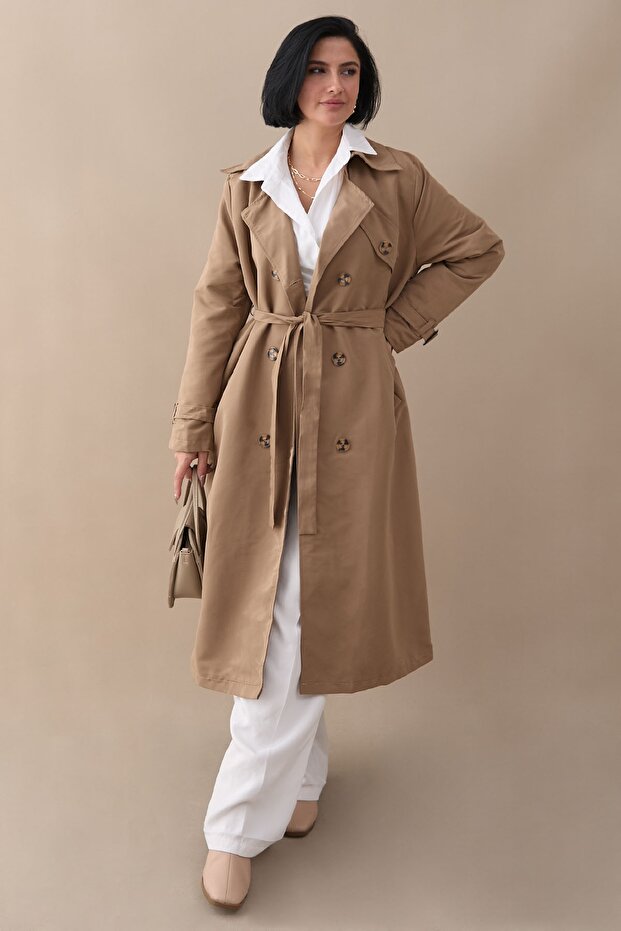 Beige Trench Coat with Cross Pocket Detail