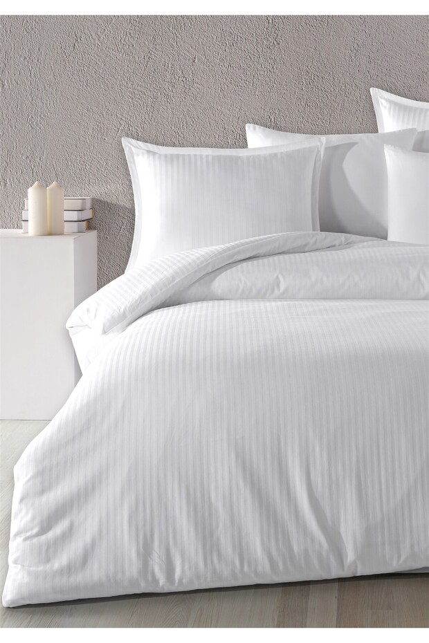 100% Cotton Satin Stripe Flounce Double Duvet Cover Set White 200X220 cm
