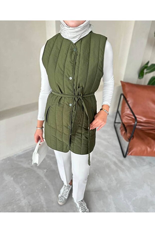 Women's Midi Length Quilted Belted Vest