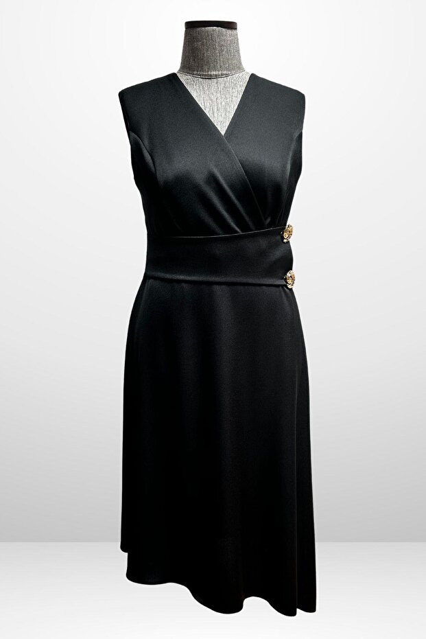 Women's Double Breasted Collar Button Detailed Asymmetrical Plus Size Crepe Satin Dress