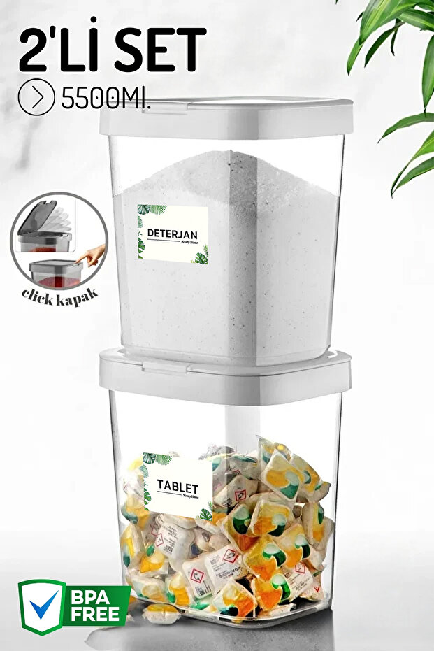 Set of 2 Mega Size Click Lid Storage Containers for Detergent and Dishwashing Tablets with Label Gift 5500ml. - 1