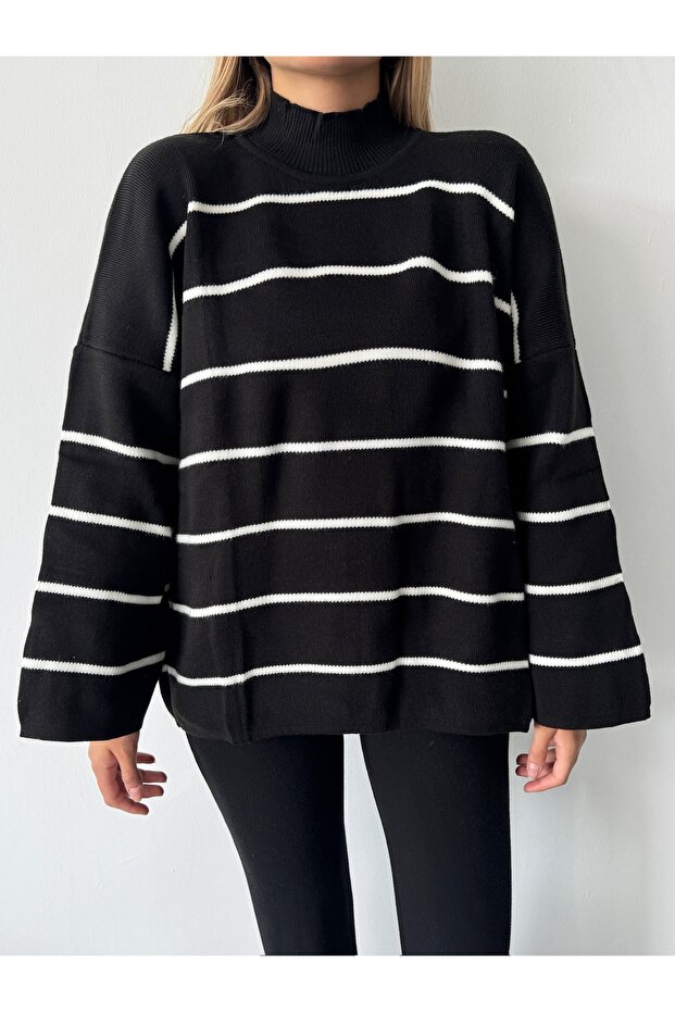 Women's Black Oversize Striped Half Turtleneck Knitwear Sweater