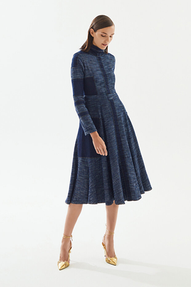 Kadın Şeritli Denim Elbise - 1