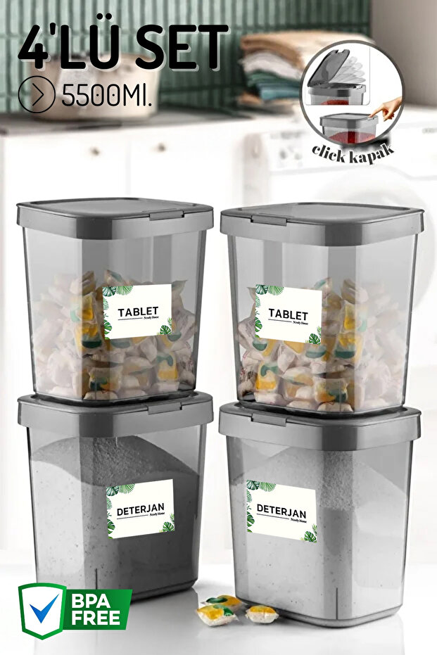 4'lü Mega Boy Click Kapaklı, Deterjan ve Bulaşık Tableti Saklama Kabı Seti - Etiket Hediyeli 5500Ml. - 1