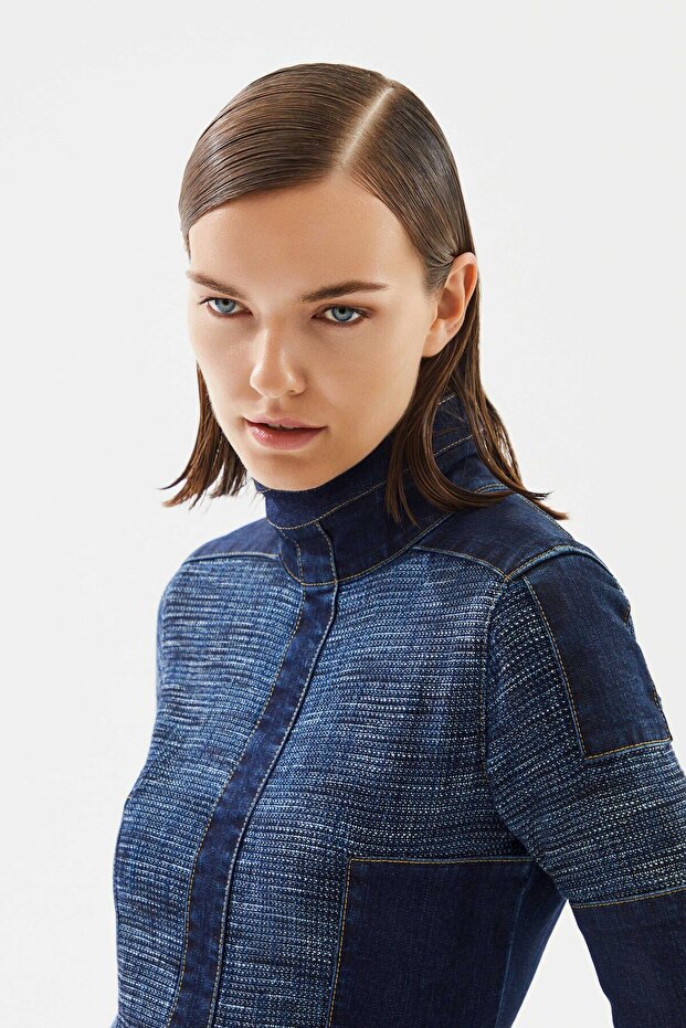 Kadın Şeritli Denim Elbise - 3