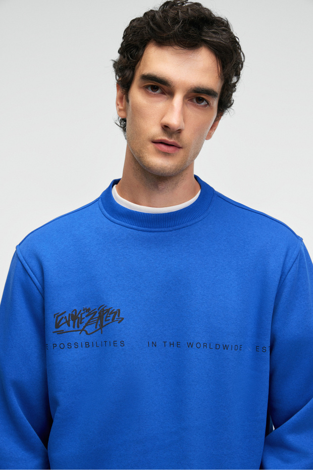 IRVING Erkek Yuvarlak Yaka Göğsü Ve Önü Regular Fit Mavi Sweatshirt - 5
