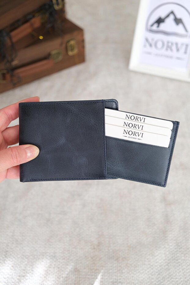 Genuine Leather Wallet Card Holder Dark Navy Blue 1115