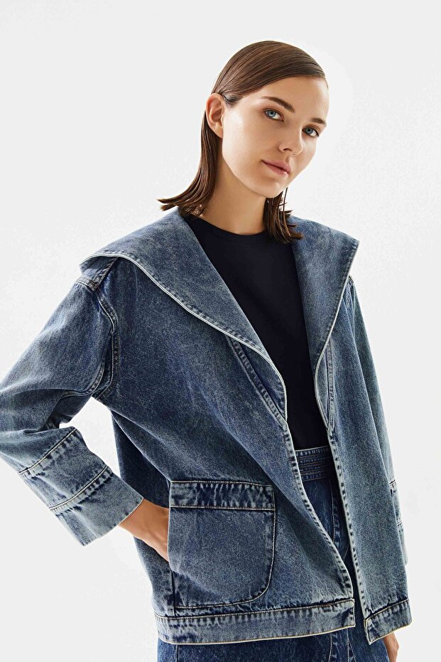 Kadın Kapüşonlu Denim Ceket - 1