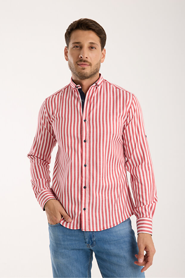 White Red Striped Chest Garnish Apaletli Slim Fit Long Sleeve Men's Shirt (It Is Recommended to Order One Size Larger)