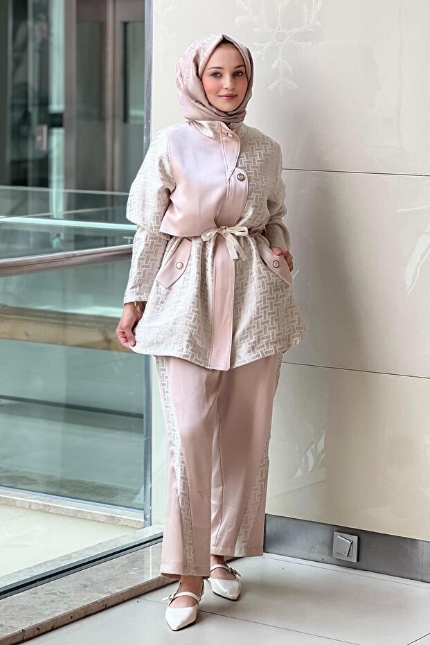 Self-Patterned Drawstring Waist Zippered Cap Pants Set - 2