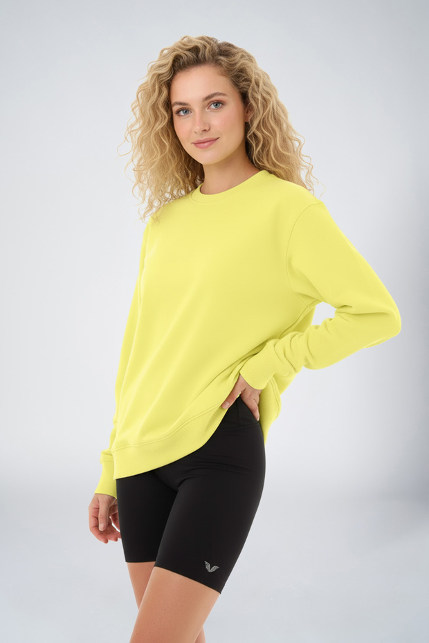 Peak Kadın Toz Sarı Oversize Bisiklet Yaka Basic Sweatshirt 7015 - 1
