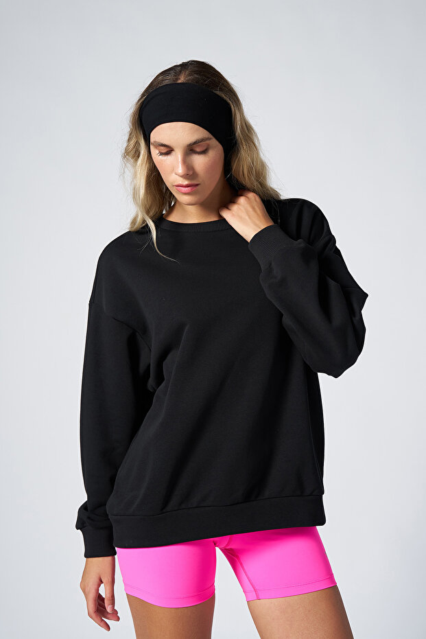 Peak Kadın Siyah Oversize Bisiklet Yaka Basic Sweatshirt 7015 - 8