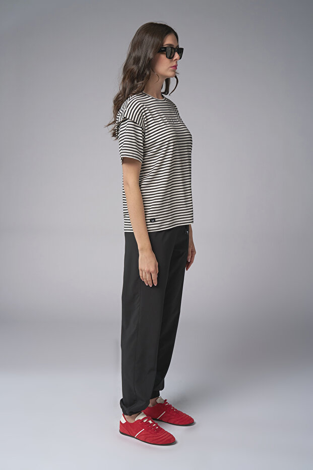 Kadın Siyah Ringelli Modal Tişört 4053 - 4