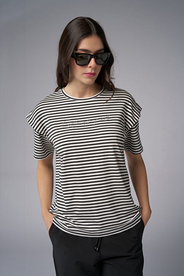 Kadın Siyah Ringelli Modal Tişört 4053 - 2