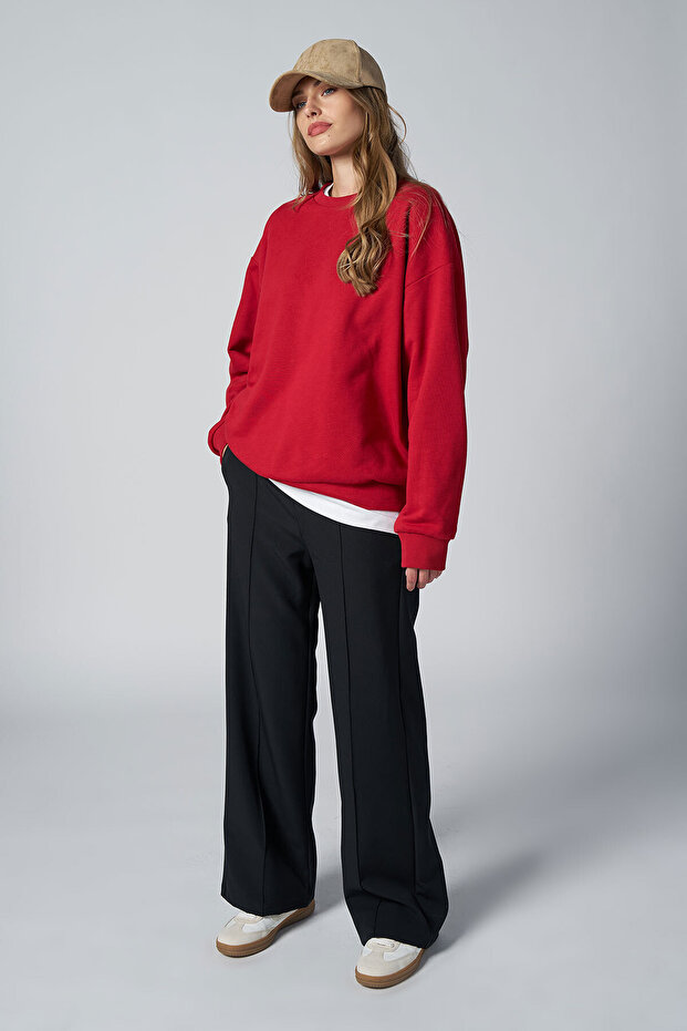 Peak Kadın Kırmızı Oversize Bisiklet Yaka Basic Sweatshirt 7015 - 5