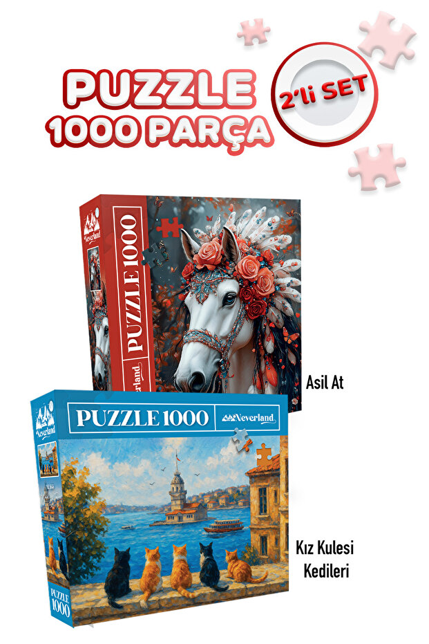 2 Pcs 1000 Piece Puzzle - Girl Tower Cats and Nice Horse