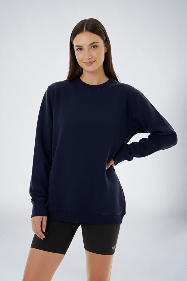 Peak Kadın Lacivert Oversize Bisiklet Yaka Basic Sweatshirt 7015 - 3