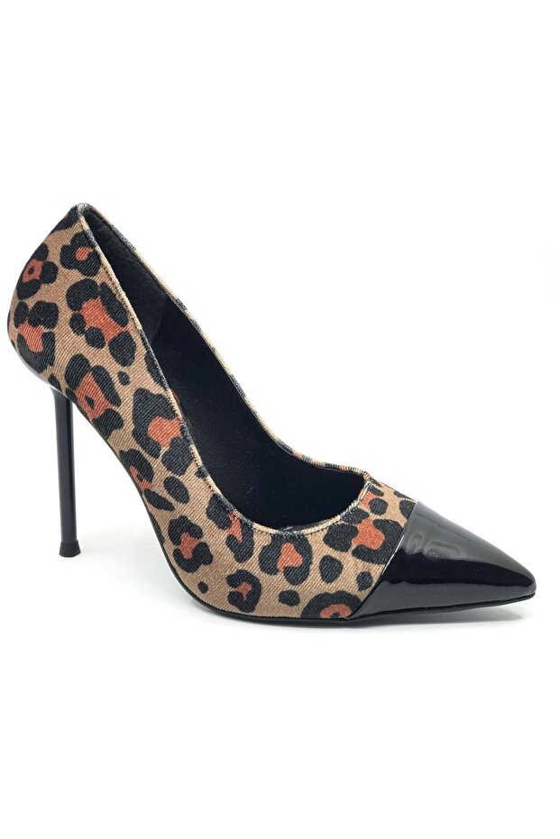 Feles Thin Heeled Leopard Patterned Stiletto Women's Shoes Black