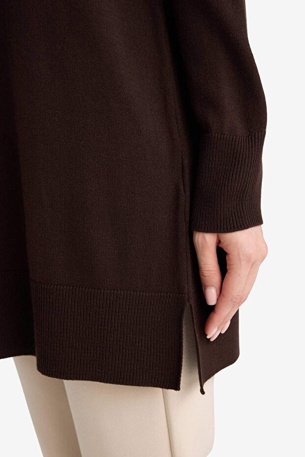 Regular Fit Bisiklet Yaka Yırtmaçlı Basic Düz Triko Kazak Tunik H3431AZ25WN - 6