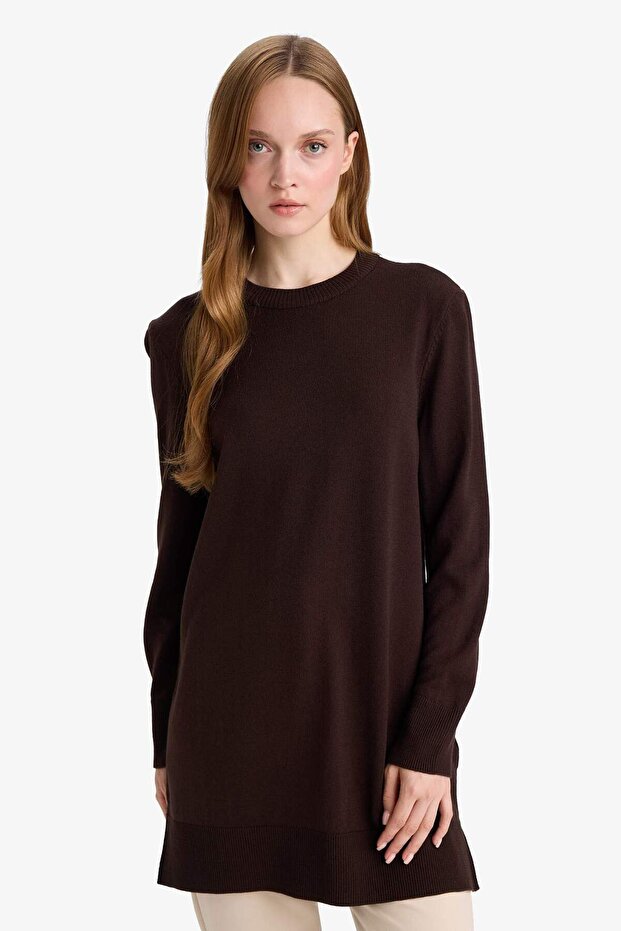 Regular Fit Bisiklet Yaka Yırtmaçlı Basic Düz Triko Kazak Tunik H3431AZ25WN - 4